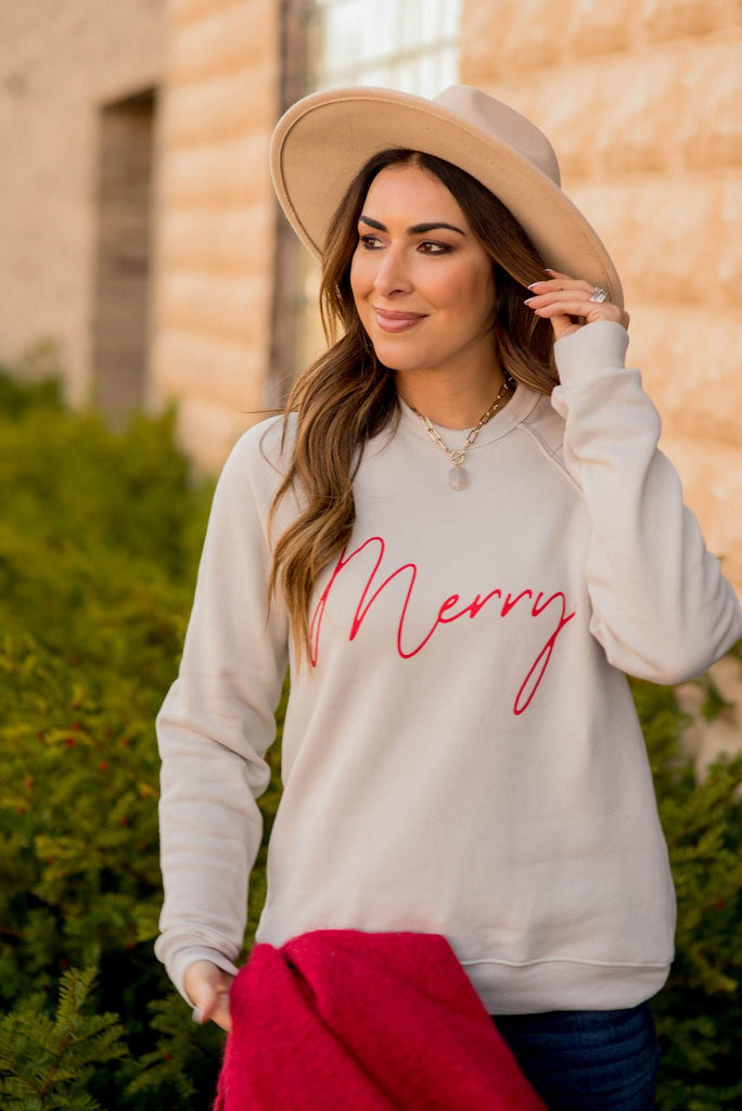 Cursive Merry Graphic Sweatshirt - Betsey's Boutique Shop -