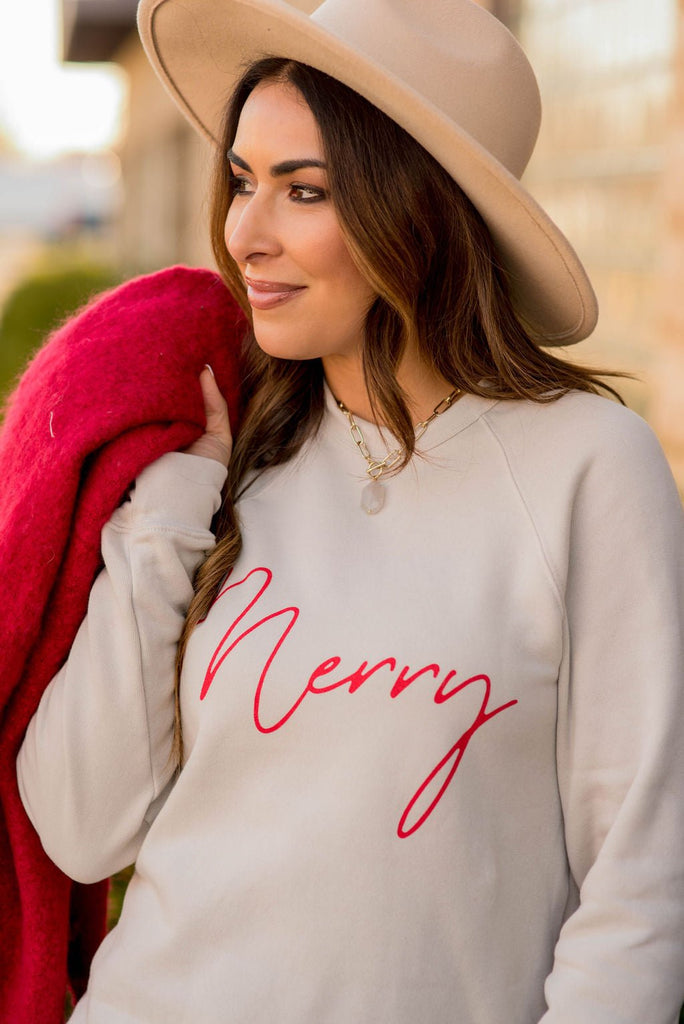 Cursive Merry Graphic Sweatshirt - Betsey's Boutique Shop -