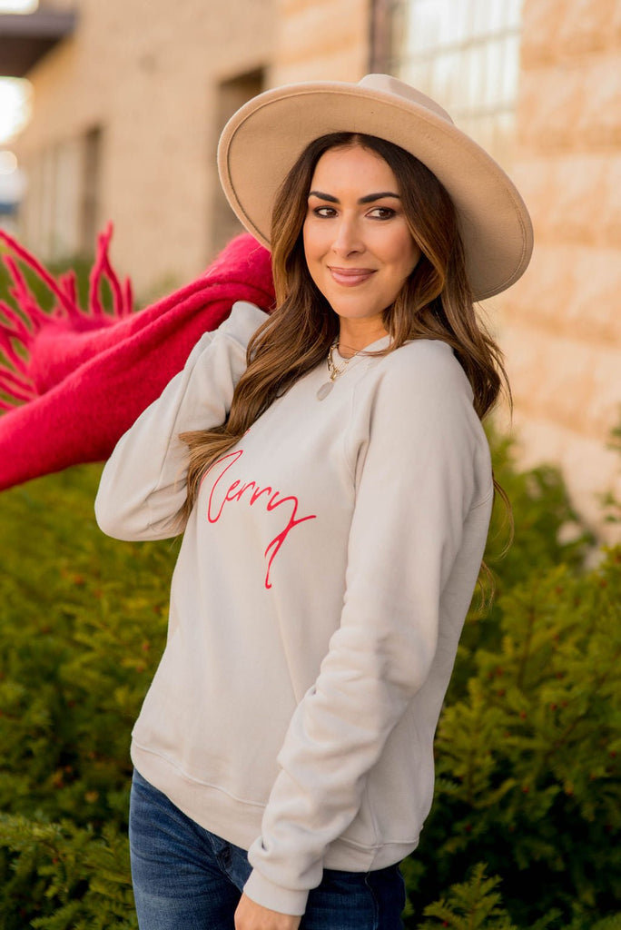 Cursive Merry Graphic Sweatshirt - Betsey's Boutique Shop -