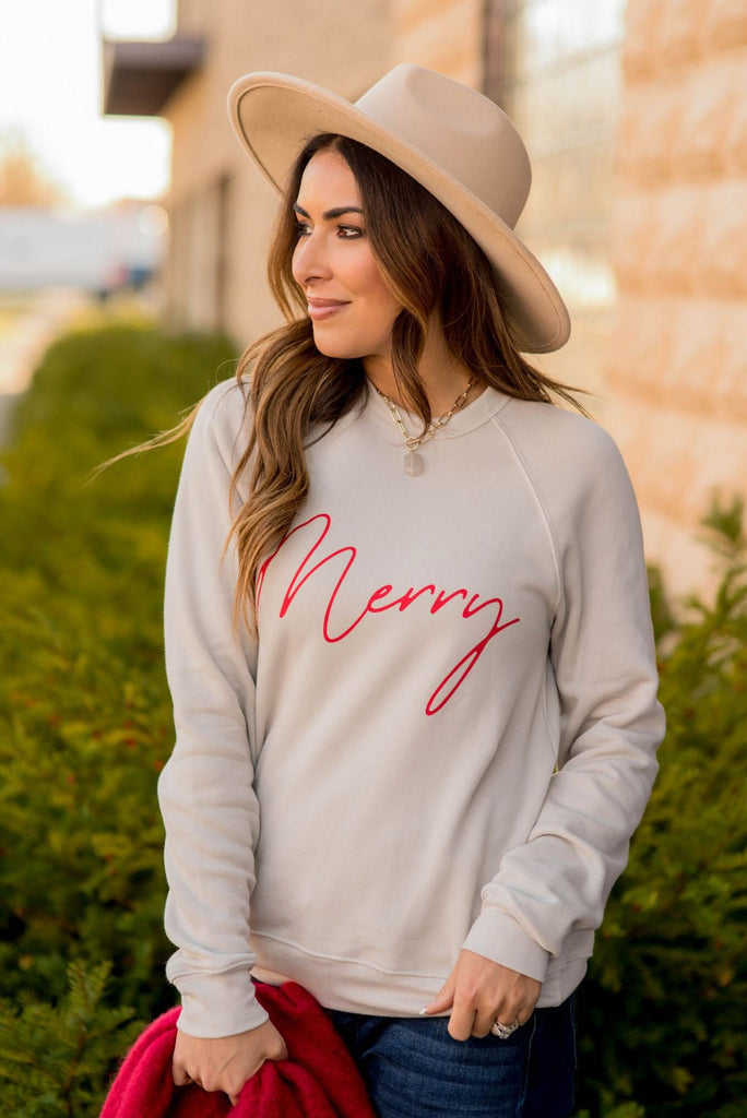 Cursive Merry Graphic Sweatshirt - Betsey's Boutique Shop -