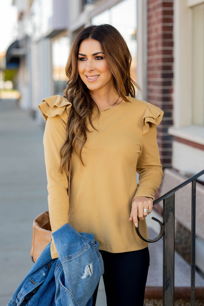 Dual Flutter Shoulder Long Sleeve Tee - Betsey's Boutique Shop -