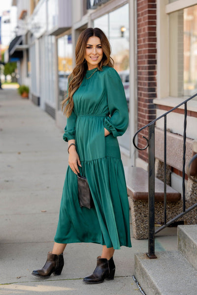 Elegant Tiered Long Sleeve Maxi Dress Charcoal / S