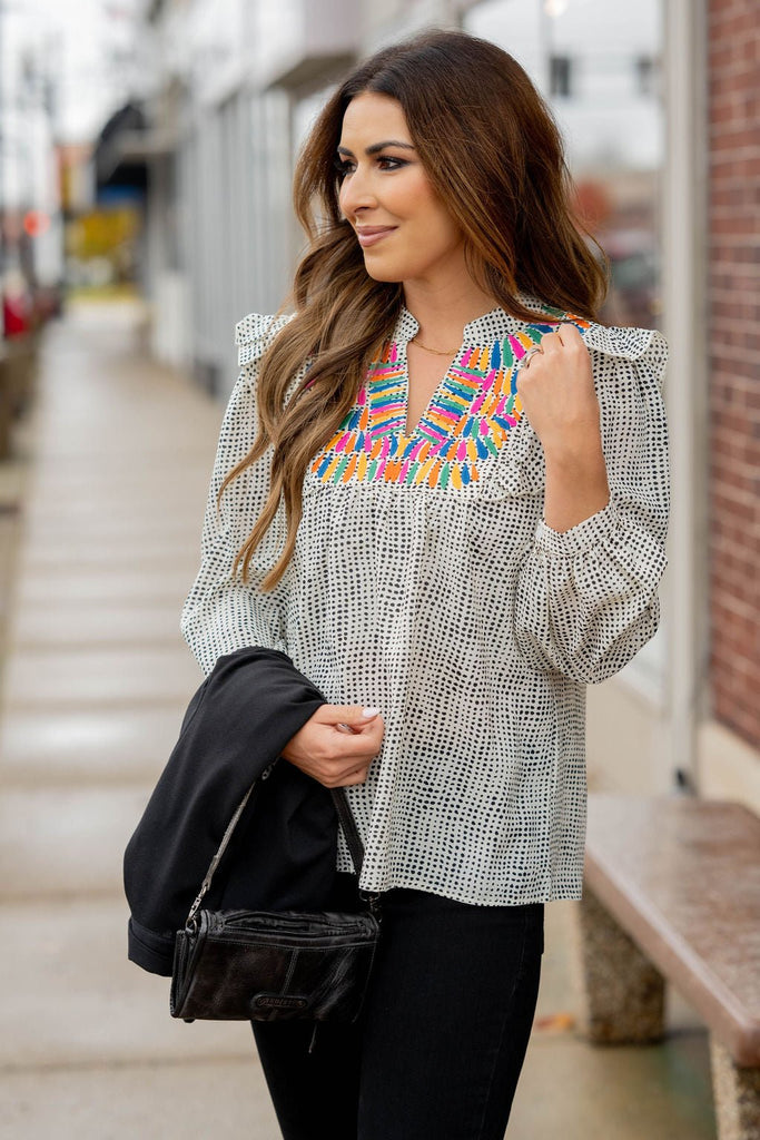 Embroidered Dotted Flutter Blouse - Betsey's Boutique Shop -