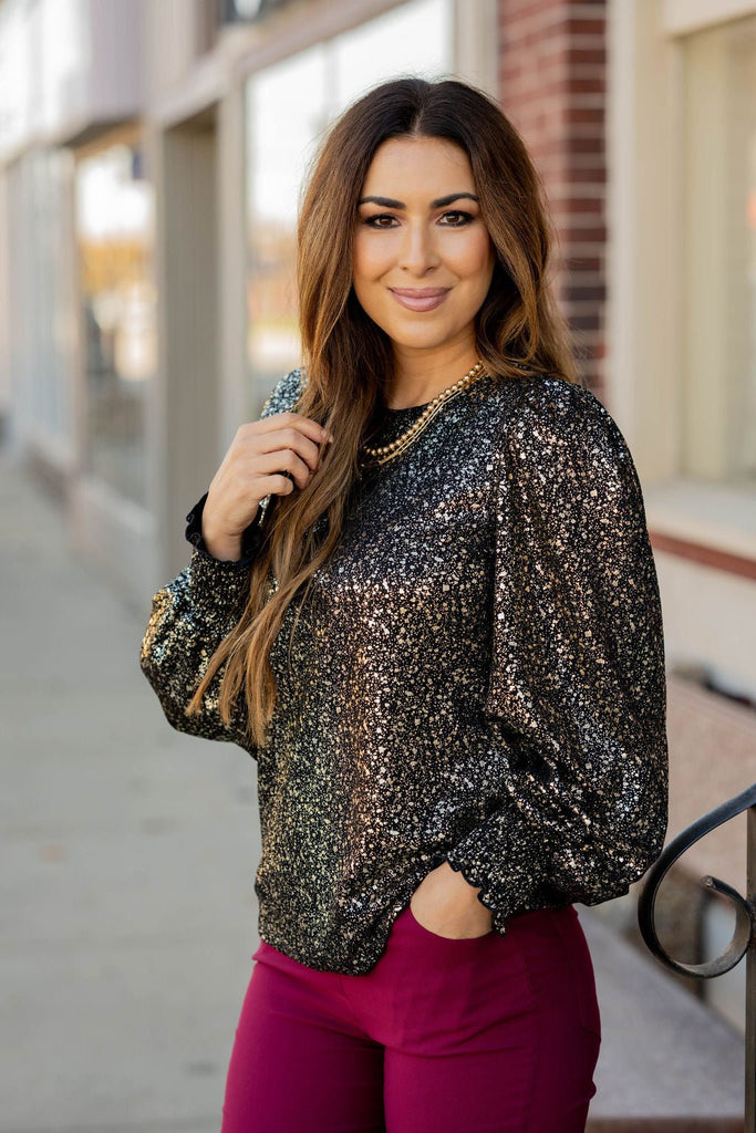 Foil Flecked Cinched Sleeve Blouse - Betsey's Boutique Shop -