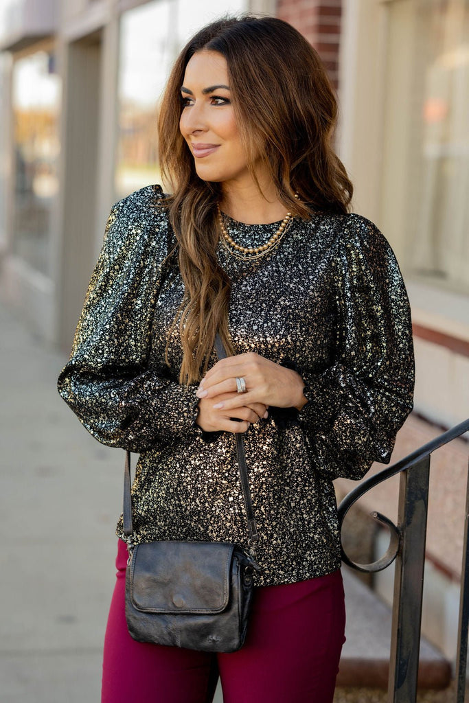 Foil Flecked Cinched Sleeve Blouse - Betsey's Boutique Shop -