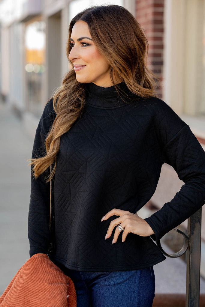 Geo Quilted Mock Neck Sweatshirt - Betsey's Boutique Shop -