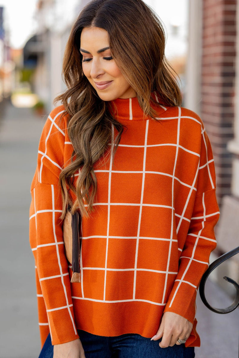Grid High Low Mock Neck Sweater Tee - Betsey's Boutique Shop