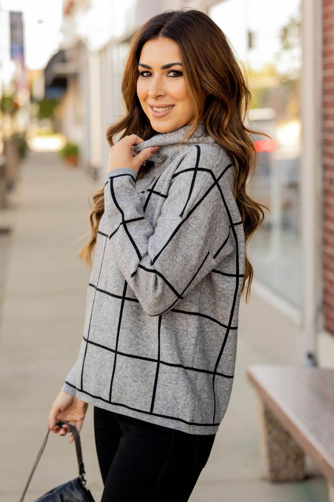 Grid Turtleneck Sweater - Betsey's Boutique Shop -