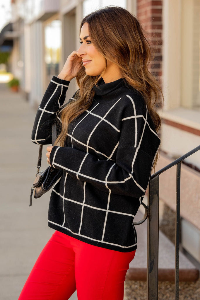 Grid Turtleneck Sweater - Betsey's Boutique Shop -