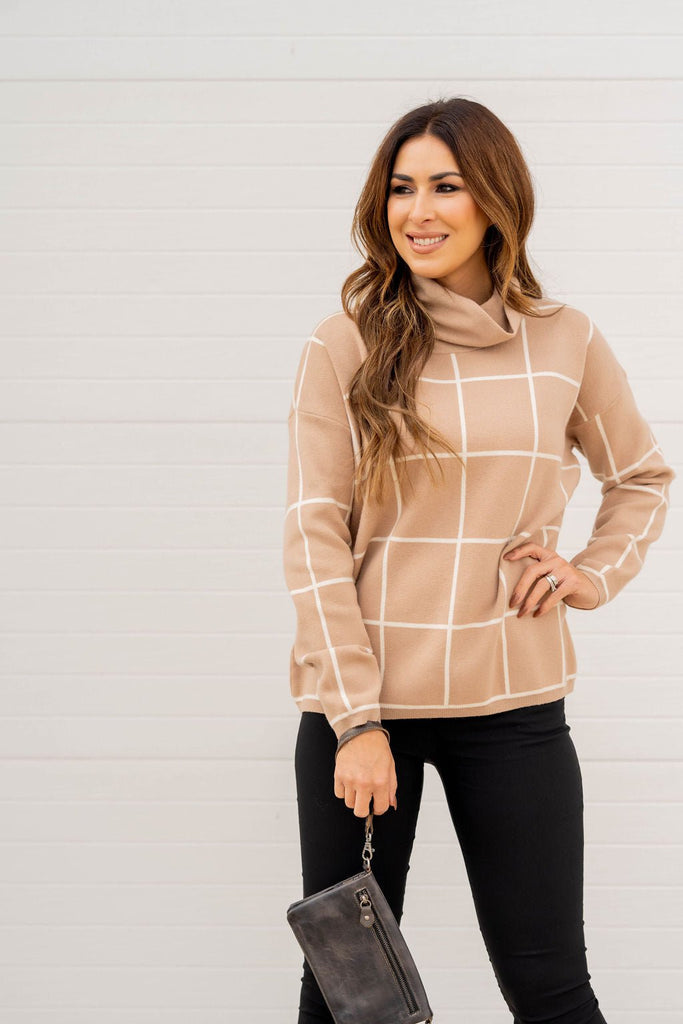 Grid Turtleneck Sweater - Betsey's Boutique Shop -