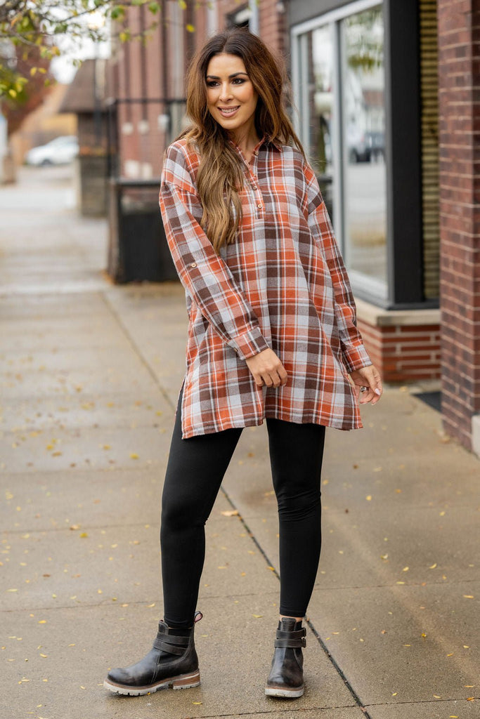 Plaid Button Accented Tunic - Betsey's Boutique Shop -