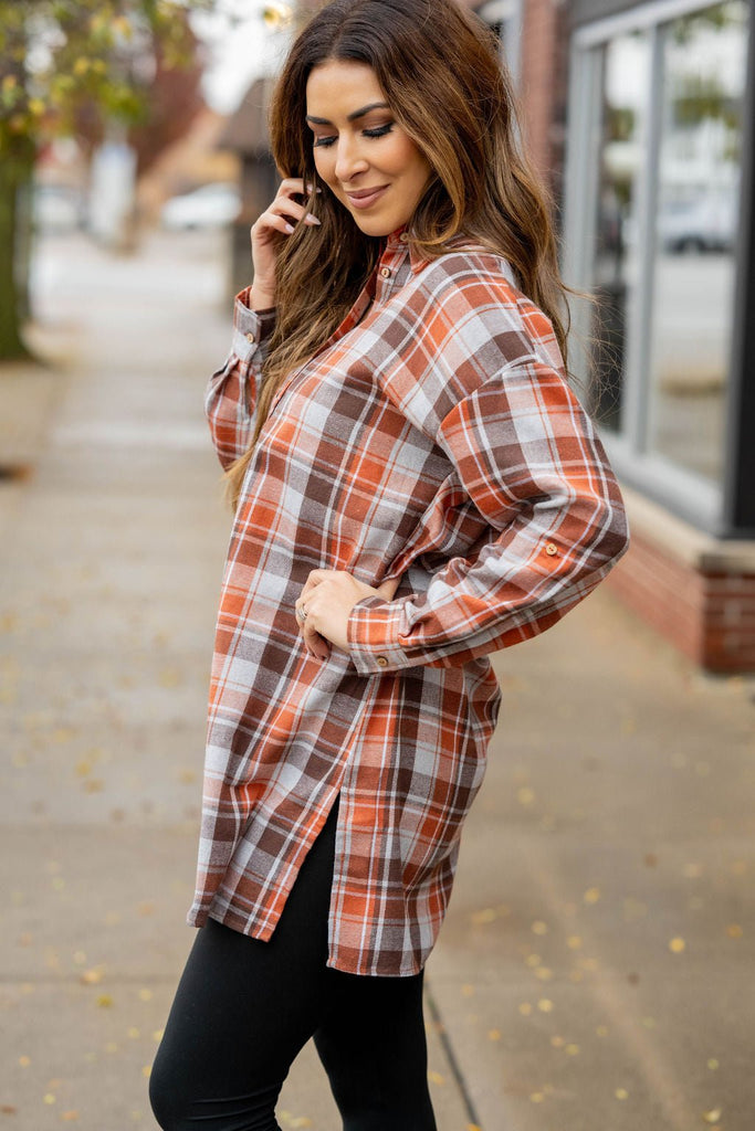 Plaid Button Accented Tunic - Betsey's Boutique Shop -