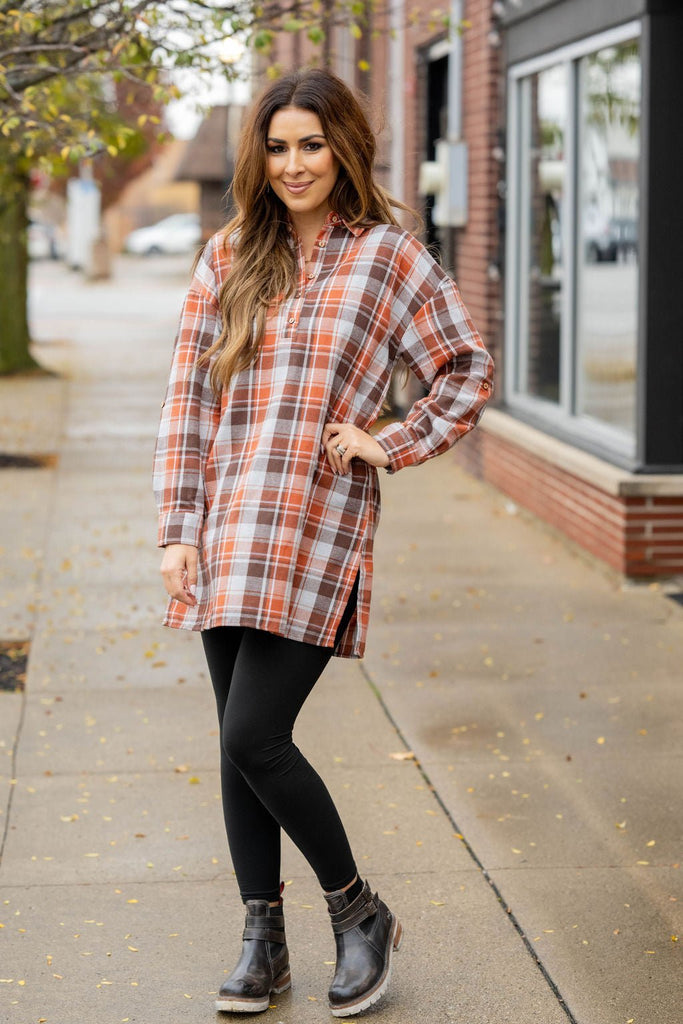 Plaid Button Accented Tunic - Betsey's Boutique Shop -