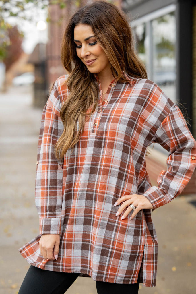 Plaid Button Accented Tunic - Betsey's Boutique Shop -