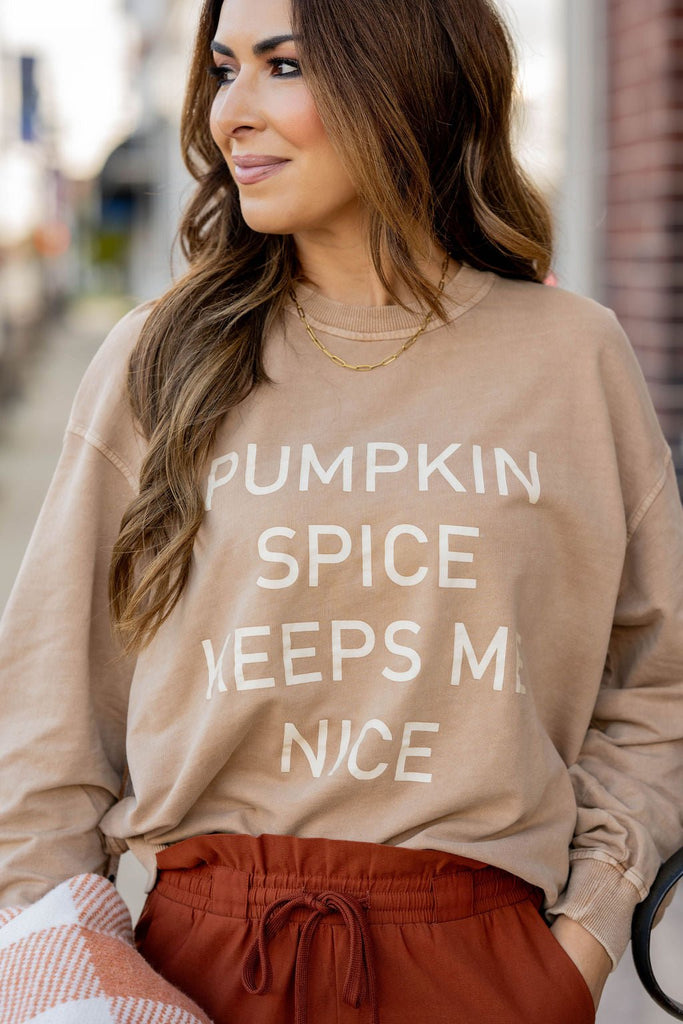 Pumpkin Spice Keeps Me Nice Graphic Crewneck - Betsey's Boutique Shop -