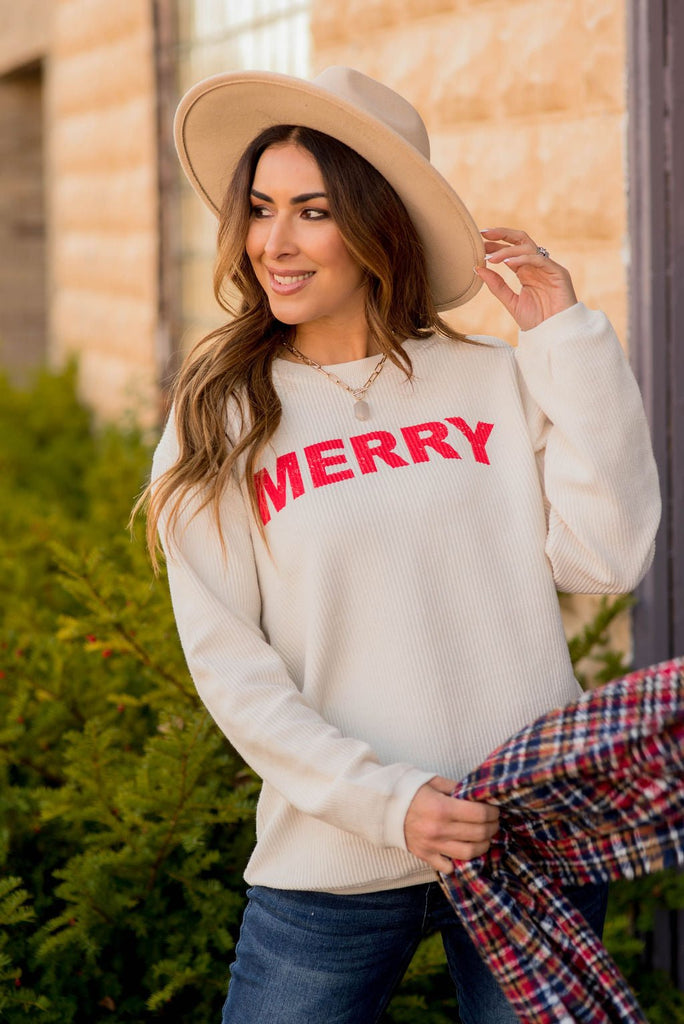 Ribbed MERRY Graphic Crewneck - Betsey's Boutique Shop -