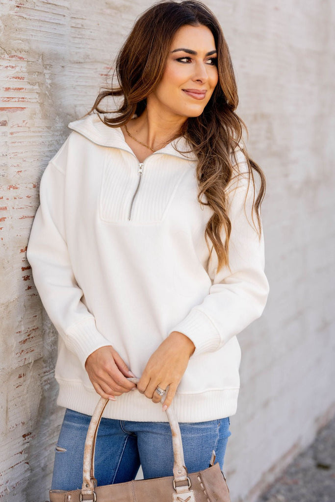 Ribbed Trim Quarter Zip Pullover Sweatshirt - Betsey's Boutique Shop -