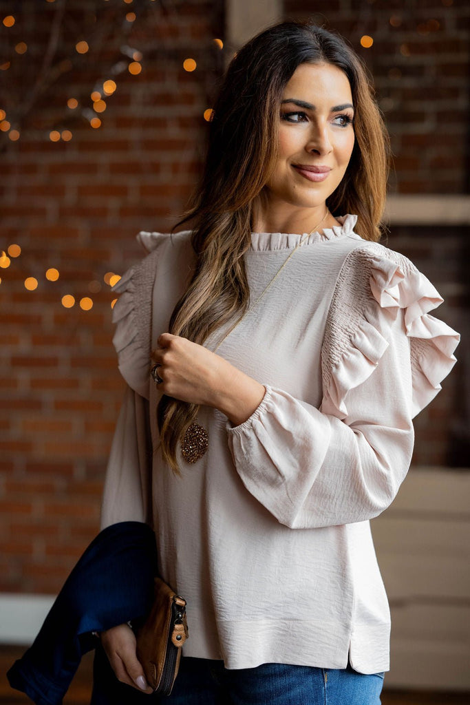 Ruched Ruffles Long Sleeve Blouse - Betsey's Boutique Shop -