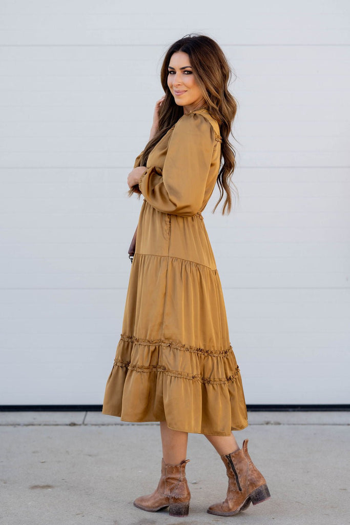 Ruffle Accented Long Sleeve Midi Dress - Betsey's Boutique Shop -