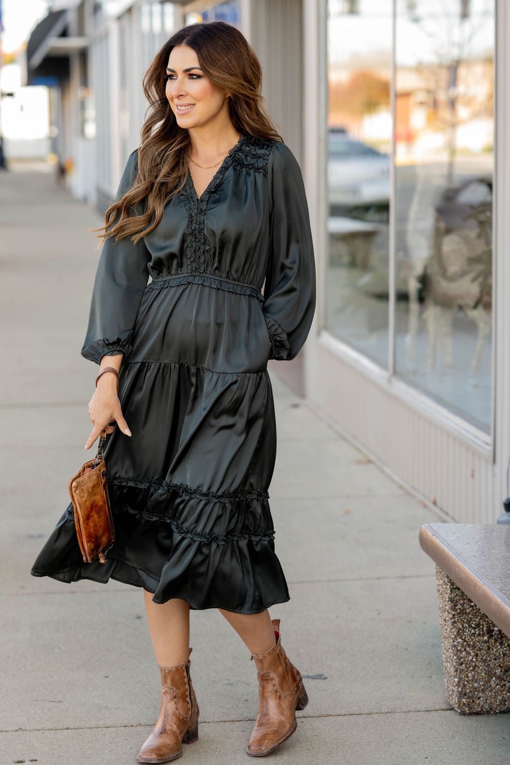 Ruffle Accented Long Sleeve Midi Dress Hunter Green / S Ruffle Accented Long Sleeve Midi Dress Hunter Green / S