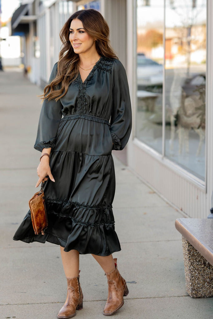 Ruffle Accented Long Sleeve Midi Dress - Betsey's Boutique Shop -