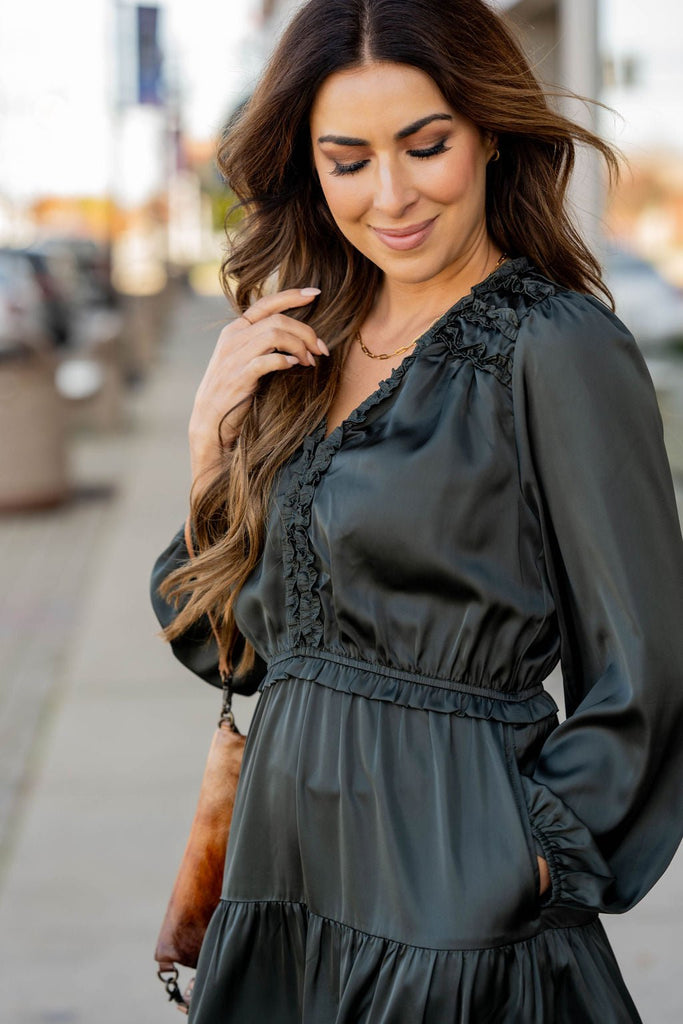 Ruffle Accented Long Sleeve Midi Dress - Betsey's Boutique Shop -