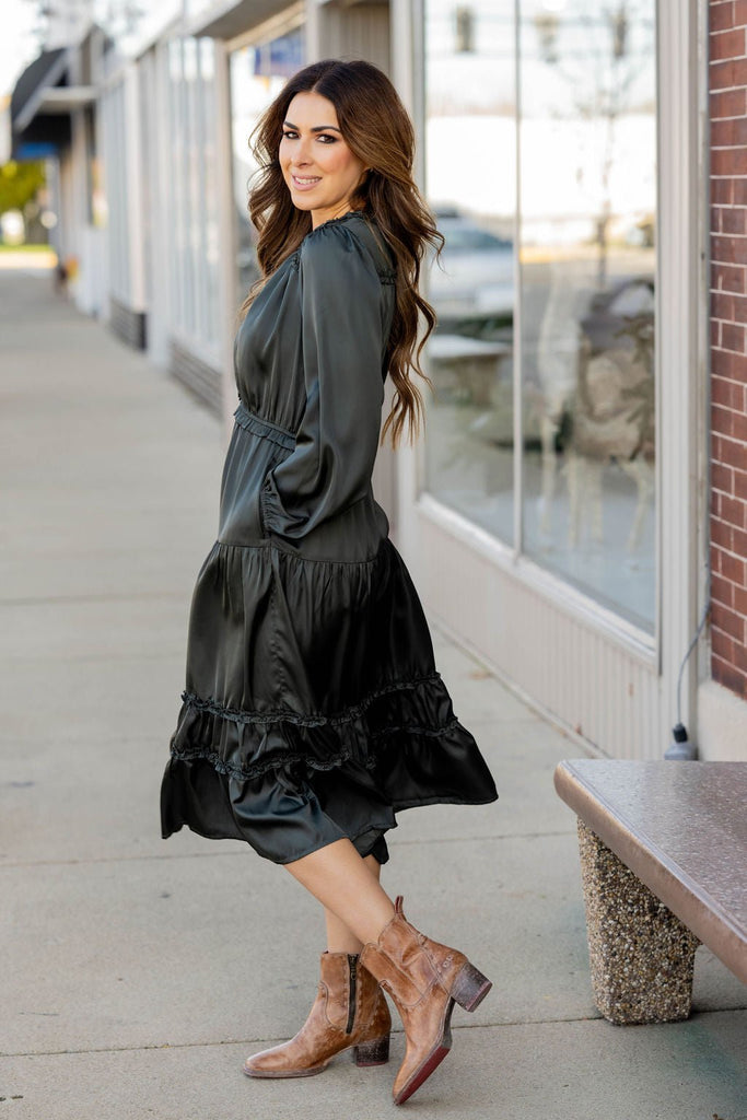 Ruffle Accented Long Sleeve Midi Dress - Betsey's Boutique Shop -