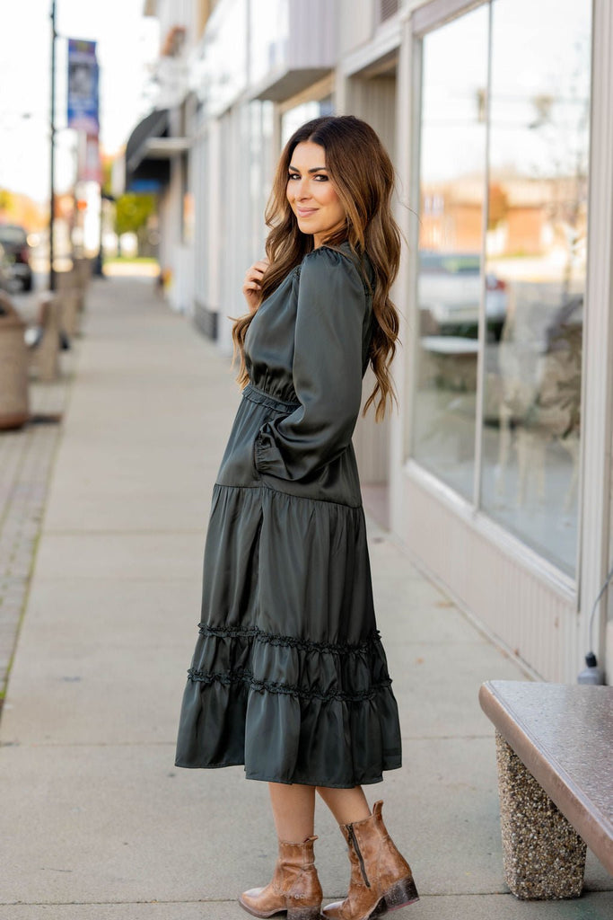 Ruffle Accented Long Sleeve Midi Dress - Betsey's Boutique Shop -