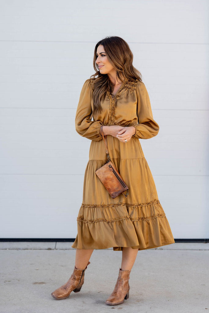 Ruffle Accented Long Sleeve Midi Dress - Betsey's Boutique Shop -