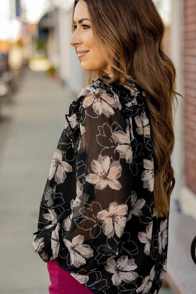 Sheer Floral Flutter Shoulder Blouse - Betsey's Boutique Shop -