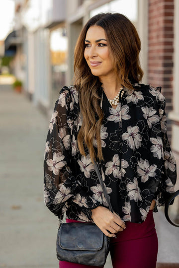 Sheer Floral Flutter Shoulder Blouse - Betsey's Boutique Shop -