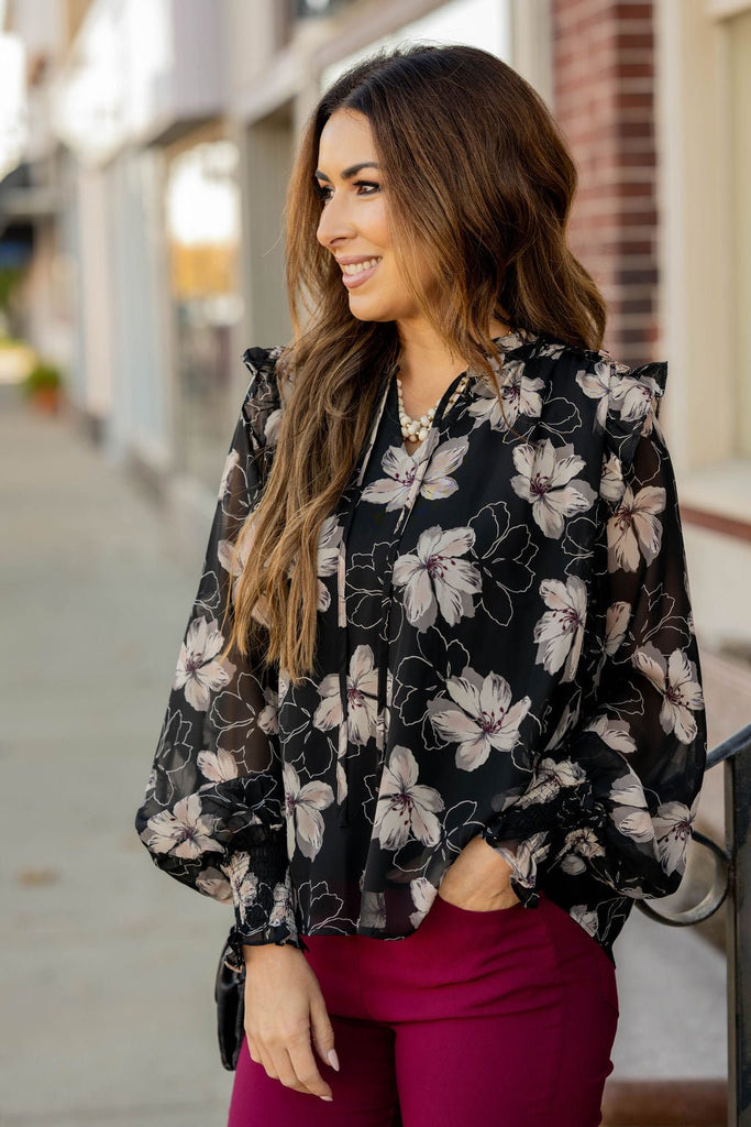 Sheer Floral Flutter Shoulder Blouse - Betsey's Boutique Shop -