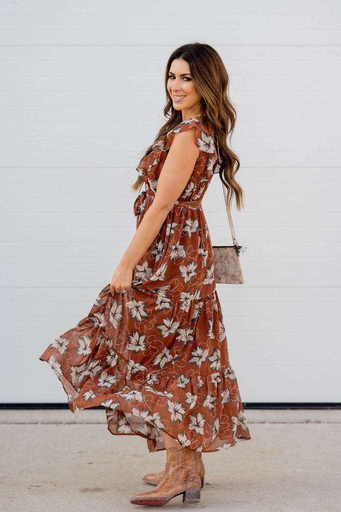 Sheer Floral Tie Waist Maxi Dress - Betsey's Boutique Shop -