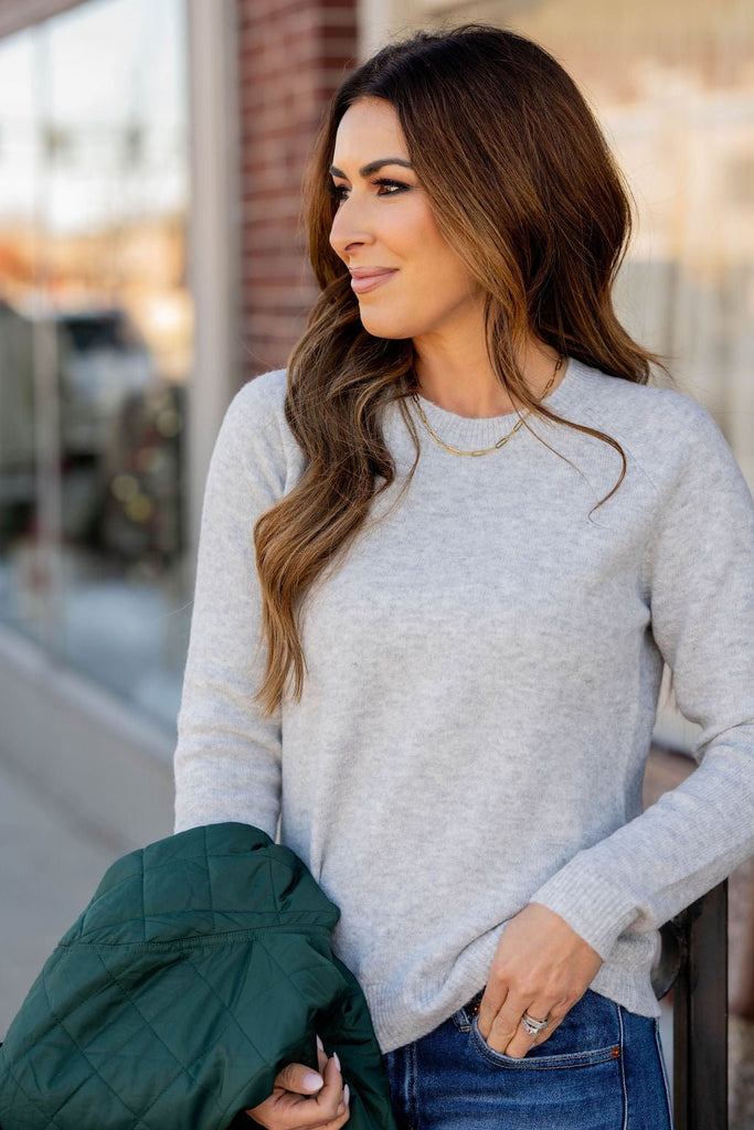 Simple Heathered Ribbed Trim Sweater - Betsey's Boutique Shop -