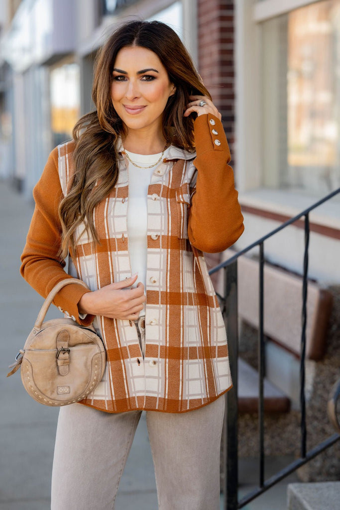 Solid Sleeve Plaid Sweatshirt Shacket - Betsey's Boutique Shop -