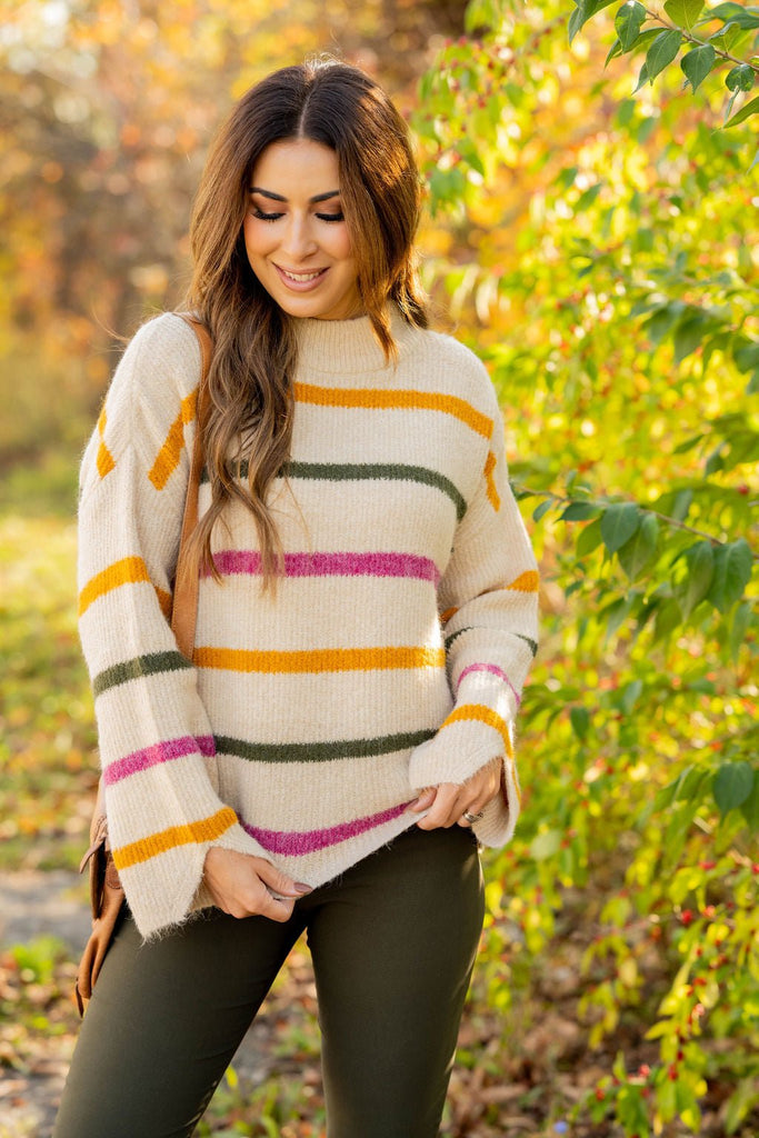 Striped Wide Sleeve Mock Neck Sweater - Betsey's Boutique Shop -