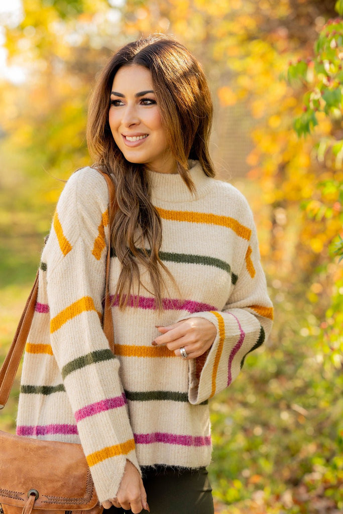 Striped Wide Sleeve Mock Neck Sweater - Betsey's Boutique Shop -