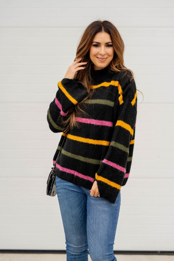 Striped Wide Sleeve Mock Neck Sweater - Betsey's Boutique Shop -