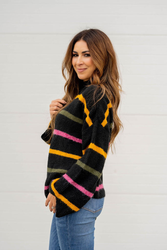 Striped Wide Sleeve Mock Neck Sweater - Betsey's Boutique Shop -