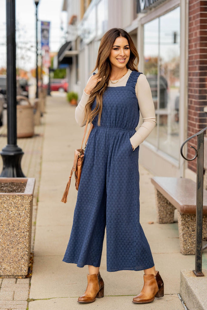 Subtle Textured Ruched Strap Jumpsuit - Betsey's Boutique Shop -