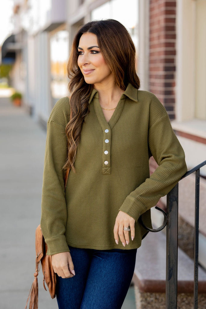 Thermal Collar Accented Button Pullover - Betsey's Boutique Shop -