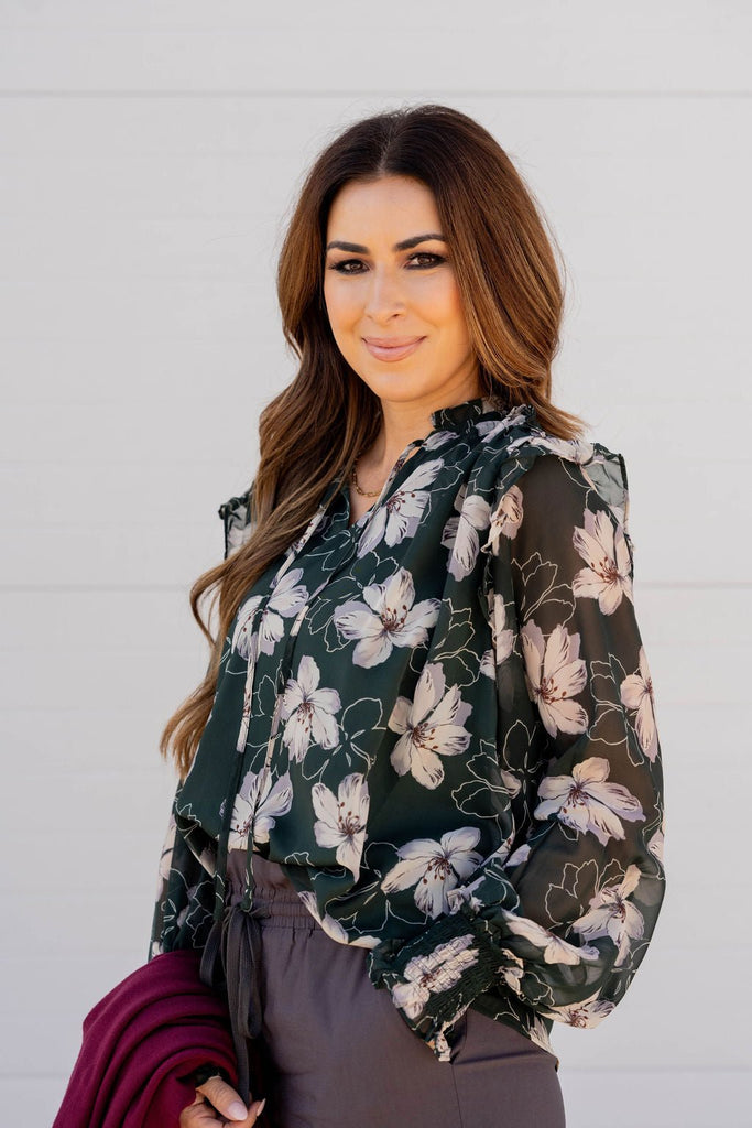 Sheer Floral Flutter Shoulder Blouse - Betsey's Boutique Shop -