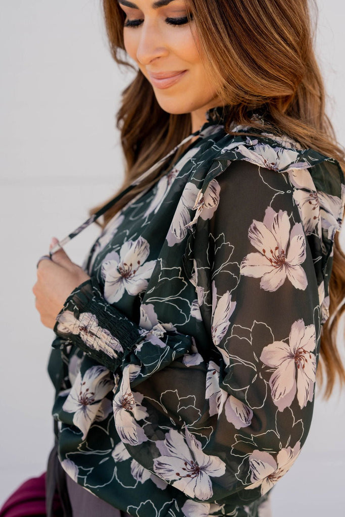 Sheer Floral Flutter Shoulder Blouse - Betsey's Boutique Shop -