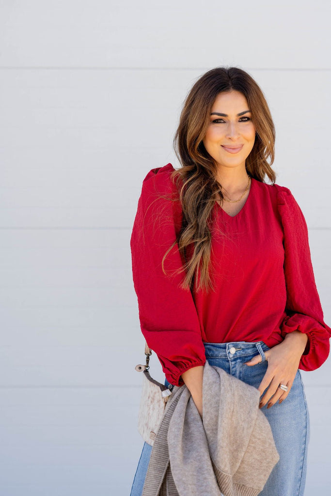 Textured Balloon Sleeve Blouse - Betsey's Boutique Shop -