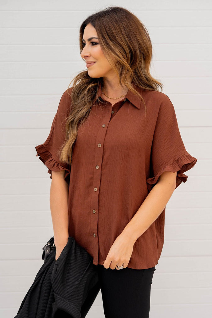 Relaxed Ruffle Trim Button Up Blouse - Betsey's Boutique Shop -