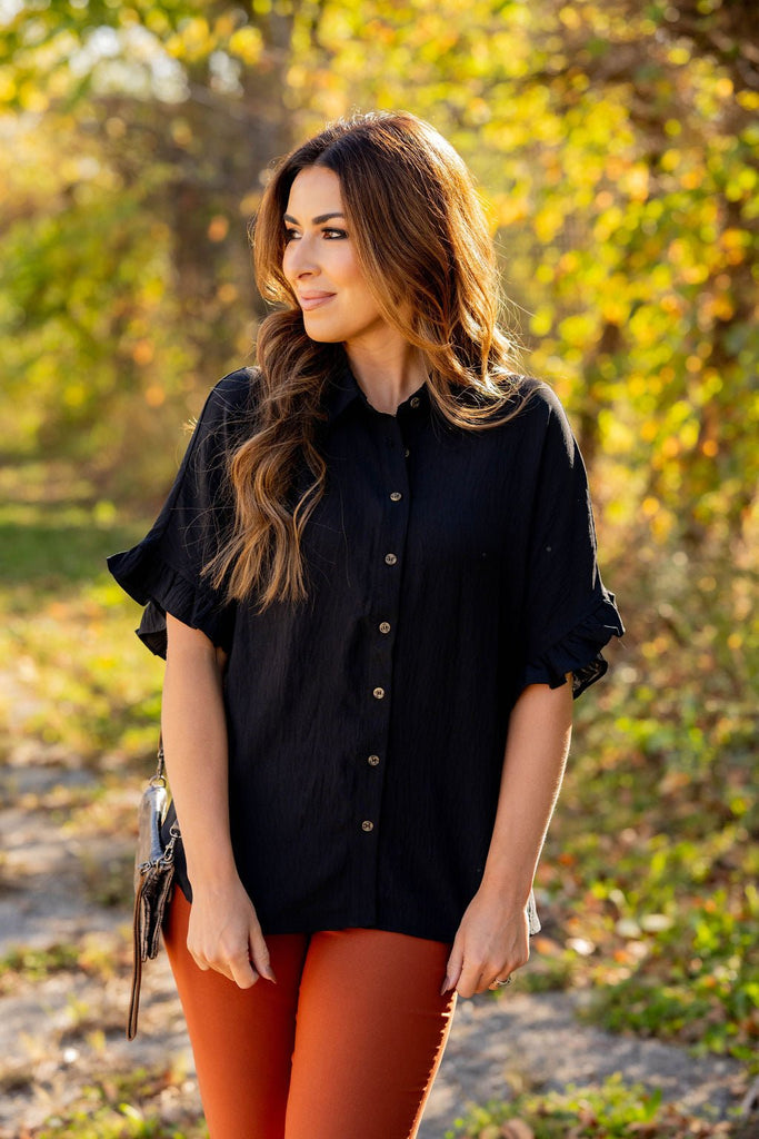 Relaxed Ruffle Trim Button Up Blouse - Betsey's Boutique Shop -