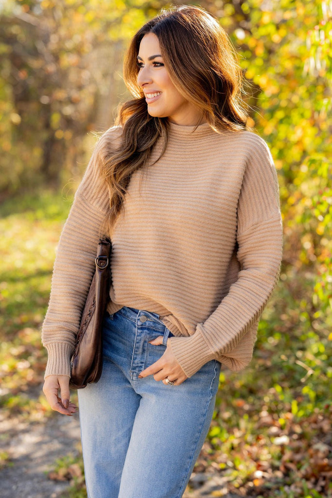 Mixed Ribbed Mock Neck Sweater - Betsey's Boutique Shop -