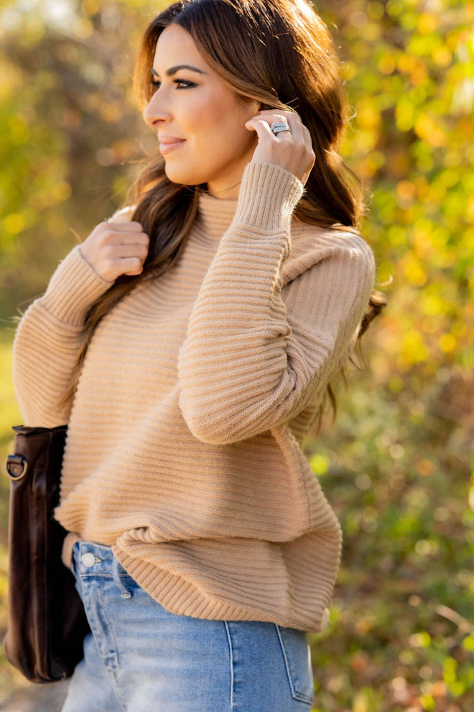 Mixed Ribbed Mock Neck Sweater - Betsey's Boutique Shop -