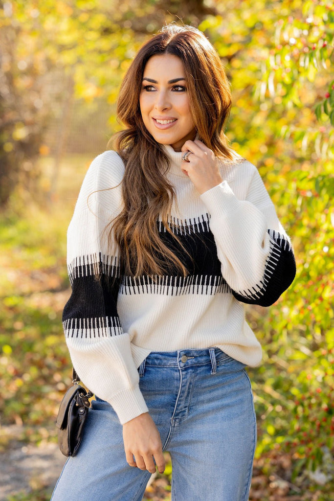 Lined Stripe Relaxed Sleeve Turtleneck Sweater - Betsey's Boutique Shop -