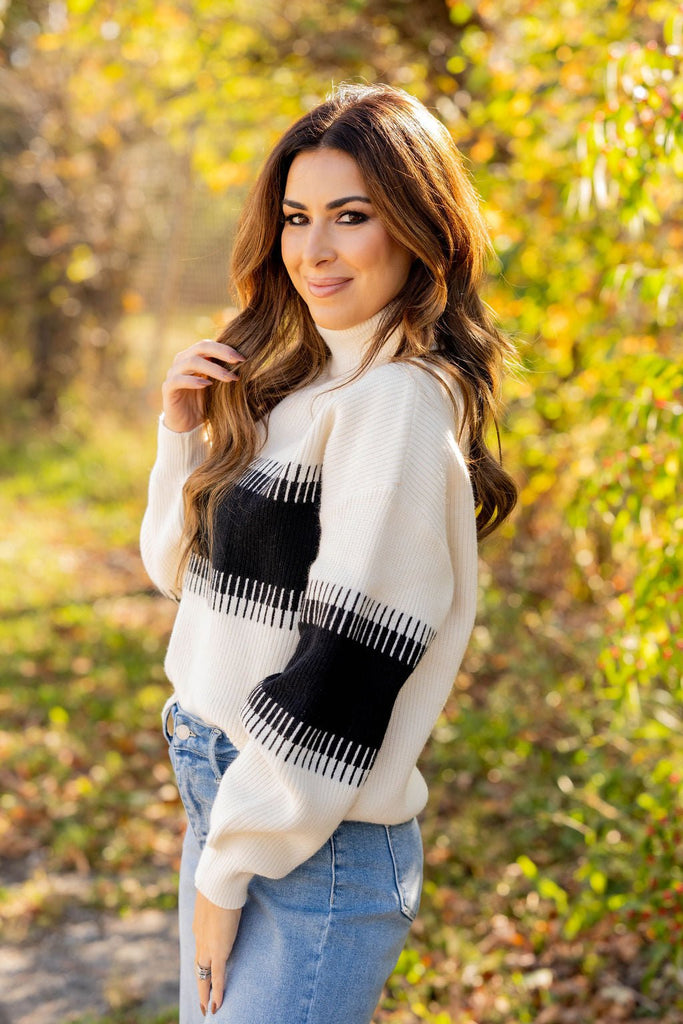 Lined Stripe Relaxed Sleeve Turtleneck Sweater - Betsey's Boutique Shop -